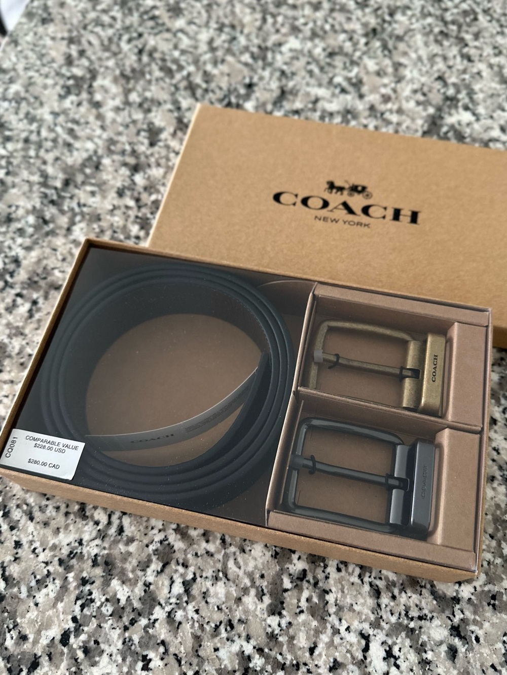 Coach Men's Reversible Black and Brown Belt Set with Two Buckles